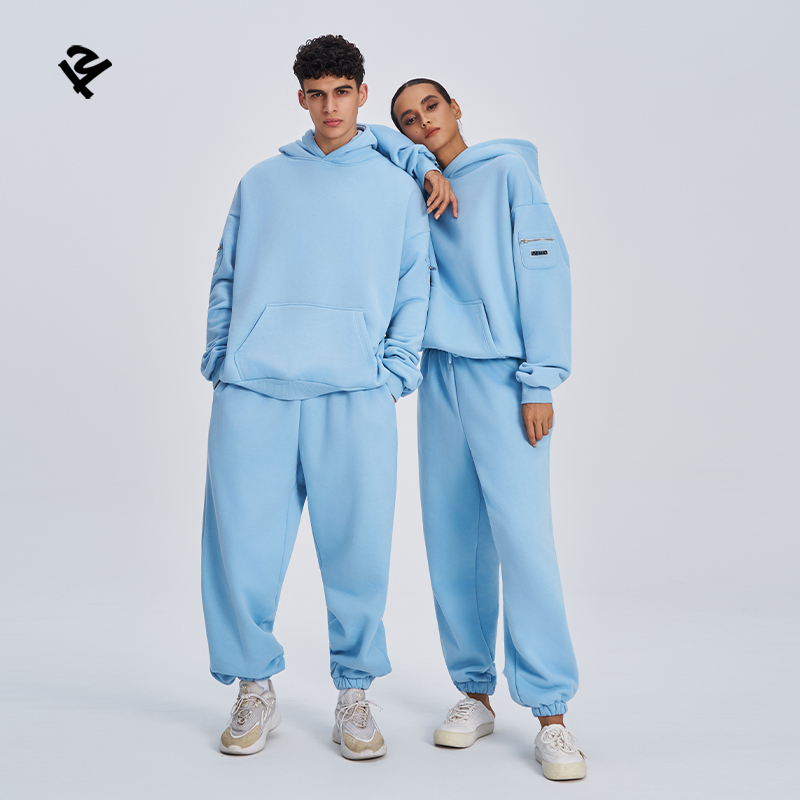 Light blue couples tracksuit 2 piece hoodie and sweatpants set