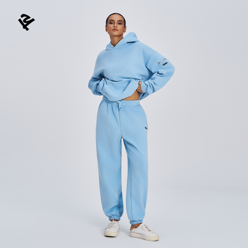 Light blue women tracksuit 2 piece hoodie and sweatpants set